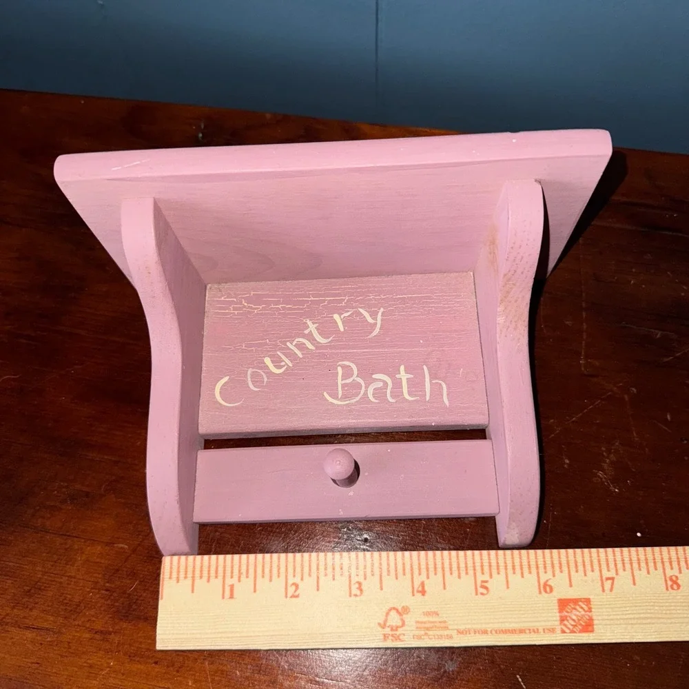 Vintage Cottagecore Pink Wood Wall Shelf Country Bath Peg Hook Shabby Chic Small